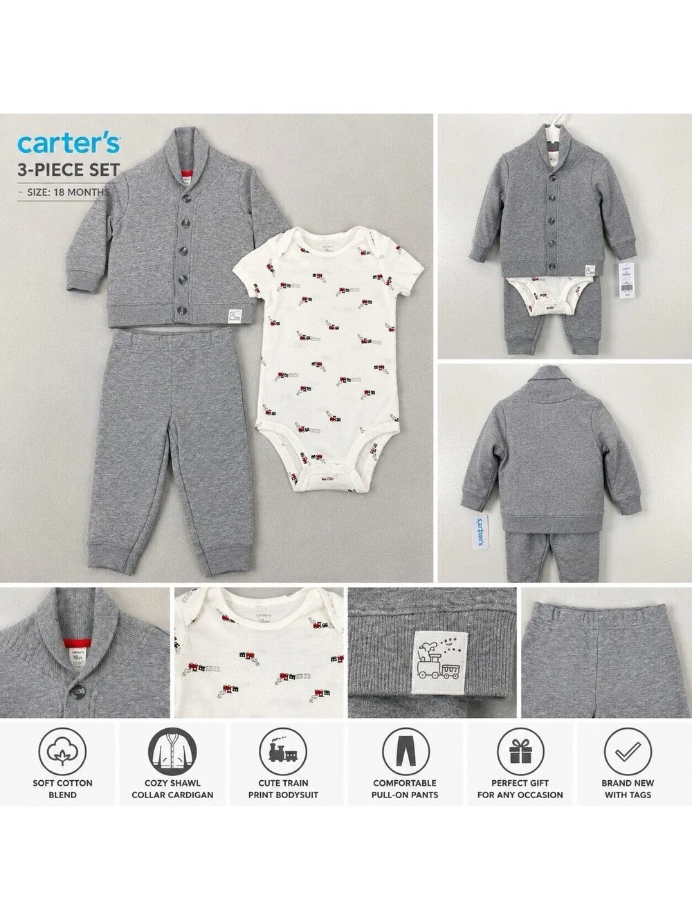 Carter's Baby Boys 3 Piece Outfit Set 18M Gray Cardigan Bodysuit Pants NWT